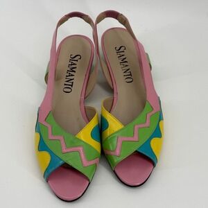 Vintage Siamanto Colorblock Leather Slingback Sandals Pink Green Yellow Size 6